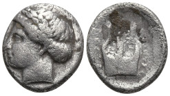 Greek
IONIA. Kolophon. (Circa 375-330 BC).
AR Diobol (13.6mm 0.96g)
Obv: Laureate head of Apollo left.
Rev: Lyre.
SNG von Aulock 2006; SNG Kayhan...
