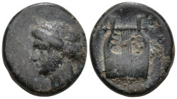 Greek
IONIA. Kolophon. (Circa 400-350 BC).
AE Bronze (16.9mm 2.26g)
Obv: Laureate head of Apollo left.
Rev: Lyre.
BMC 15.