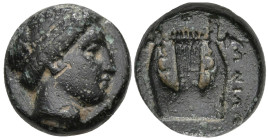Greek
IONIA. Kolophon. (Circa 389-350 BC).
AE Bronze (12.7mm 1.37g)
Obv: Head of Apollo right, wearing tainia.
Rev: [KOΛOΦ]ΩNION / [ZH]. Lyre.
Mi...