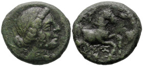 Greek
AEOLIS. Kyme. (250-190 BC).
AE Bronze (14.8mm 3.36g)
Obv: Head of the Amazon Kyme right, wearing diadem
Rev: Forepart of horse right.
SNG C...