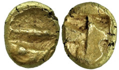 Greek
MYSIA. Kyzikos. (Circa 600-550 BC).
EL Hemihekte (8.6mm 1.37g)
Obv: Head of tunny fish right; below, small tunny right
Rev: Quadripartite in...
