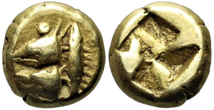 Greek
Mysia. Kyzikos. (circa 600-550 BC).
EL Hemihekte (7.7mm 1.34g)
Obv: Two...