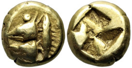 Greek
Mysia. Kyzikos. (circa 600-550 BC).
EL Hemihekte (7.7mm 1.34g)
Obv: Two tunny heads left, one above the other; pellet above and below; behind...