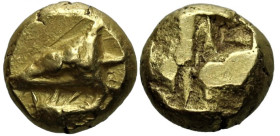 Greek
MYSIA. Kyzikos. (Circa 600-550 BC).
EL Hemihekte (7.1mm 1.36g)
Obv: Head of a tunny fish to left; below, hind part of a tunny to left.
Rev: ...