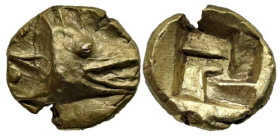 Greek
MYSIA. Kyzikos. (Circa 600-550 BC)
EL Myshemihekte (7.2mm 0.63g)
Obv: Head of tunny right; two pellets to left
Rev: Quadripartite incuse squ...