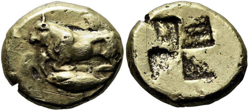 Greek
MYSIA. Kyzikos. (Circa 550-450 BC).
EL Fourrée Hekte (11.3mm 1.83g)
Obv...