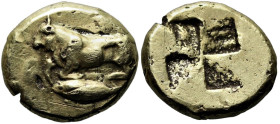 Greek
MYSIA. Kyzikos. (Circa 550-450 BC).
EL Fourrée Hekte (11.3mm 1.83g)
Obv: Bull kneeling left; tunny to left below
Rev: Quadripartite incuse s...