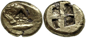 Greek
MYSIA. Kyzikos. (Circa 550-450 BC).
EL Fourrée Hekte (11.5mm 2.04g)
Obv: Forepart of lion left, devouring prey; to right, tunny upward. on sh...