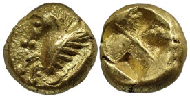Greek
MYSIA. Kyzikos. (Circa 550-500 BC.)
EL Hemihekte (8.1mm 1.33g)
Obv: Forepart of pegasos to left; to right, tunny left.
Rev: Quadripartite in...