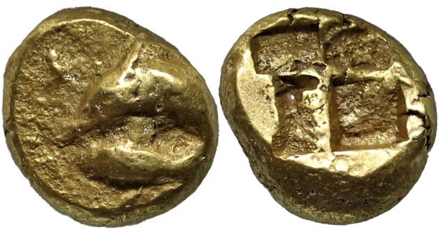 Greek
MYSIA. Kyzikos. Circa 550-450 BC.
EL Hemihekte (7.9mm 0.33g)
Obv: Dolph...