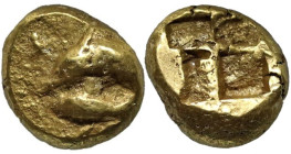 Greek
MYSIA. Kyzikos. Circa 550-450 BC.
EL Hemihekte (7.9mm 0.33g)
Obv: Dolphin left; below, tunny left
Rev: Quadripartite incuse square.
Von Fri...