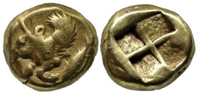 Greek
MYSIA. Kyzikos. (Circa 550-500 BC).
EL Hemihekte (7.7mm 1.35).
Obv: Forepart of a winged bull to left; at truncation, tunny fish swimming dow...
