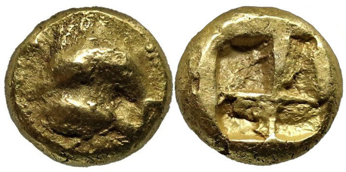 Greek
MYSIA. Kyzikos. Circa 550-450 BC.
EL Hemihekte (7.8mm 0.34g)
Obv: Dolph...