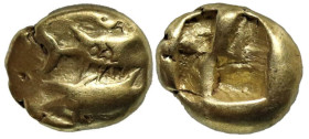 Greek
MYSIA. Kyzikos. (Circa 550-500 BC).
EL Hemihekte (8.3mm 1.3g).
Obv: Two tunny fish: one above swimming to right and the lower to left; below,...
