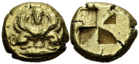 Greek
MYSIA. Kyzikos. (Circa 500-450 BC).
EL Hekte (11.1mm 2.58g)
Obv: Double-bodied sphinx, with a facing head and two bodies in profile, seated o...