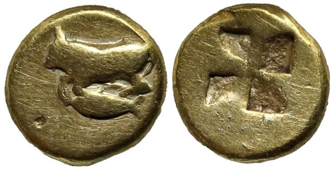 Greek
MYSIA. Kyzikos. (Circa 500-450 BC).
Obv: Bull kneeling left on tunny lef...