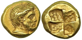 Greek
MYSIA. Kyzikos. (Circa 450-330 BC).
EL Hemihekte (8.1mm 1.31g).
Obv: Laureate head of Zeus right set on [tunny right]
Rev: Quadripartite inc...