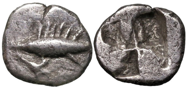 Greek
MYSIA. Kyzikos. (Circa 600-550 BC)
AR Obol (8.3mm 0.54g)
Obv: Tunny fis...