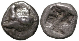 Greek
MYSIA. Kyzikos.
AR Obol (Circa 600-525 BC).
Obv: Head of tunny right, superimposed over horned head of bull left.
Rev: Quadripartite incuse ...