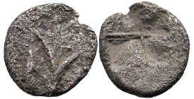 Greek
MYSIA. Kyzikos. (Circa 550-500 BC).
AR Hemiobol (8.1mm 0.45g).
Obv: Tunny to right above lotus flower to right.
Rev: Quadripartite incuse sq...