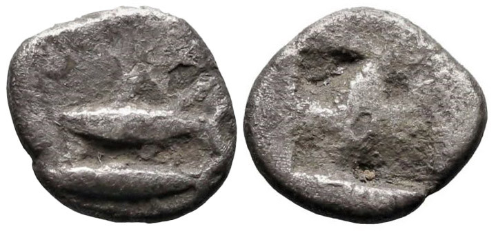 Greek
MYSIA. Kyzikos. (Circa 550-500 BC).
AR Hemibol (7.5mm 0.36g)
Obv: Two t...
