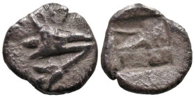 Greek
MYSIA. Kyzikos. (Circa 550-450 BC).
AR Hemiobol (8.3mm 0.46g).
Obv: Head of a tunny to right, holding lotus flower (?) in its mouth.
Rev: Qu...