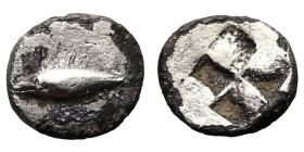 Greek
MYSIA. Kyzikos. (Circa 520-480 BC).
AR Hemiobol (10mm 0.56g)
Obv: Tunny fish swimming left.
Rev: Quadripartite incuse square.
Von Fritze, N...