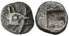 Greek
MYSIA. Kyzikos. (Circca 520-480 BC).
AR Obol (?) (5.4mm 1.13g)
Obv: Head of tunny right, holding another fish in mouth
Rev: Incuse square pu...