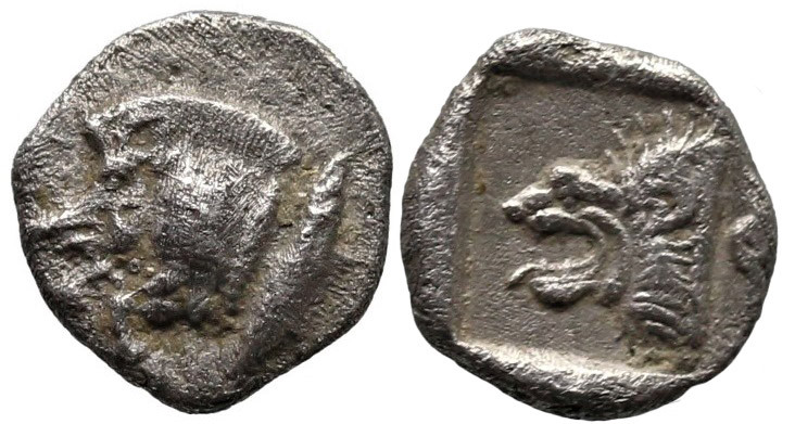 Greek
MYSIA. Kyzikos. (Circa 500 BC).
AR Obol (8.3mm 0.58g)
Obv: Tunny fish s...