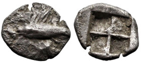 Greek
MYSIA, Kyzikos. (Circa 500 BC).
AR Hemiobol (8.7mm 0.43g)
Obv: Tunny left; below, lotus left.
Rev: Incuse punch.
Rosen 520; cf. Klein 261.
