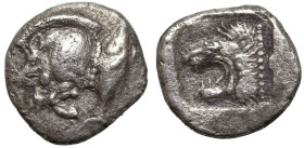 Greek Coins
MYSIA. Kyzikos. (Circa 450-400 BC).
AR Diobol (10.07mm 1g)
Obv: Forepart of boar left; to right, tunny upwards.
Rev: Head of lion left...