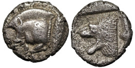 Greek
MYSIA. Kyzikos. (Circa 450-400 BC).
AR Diobol (10.1mm 1.1g)
Obv: Forepart of boar left; to right, tunny upwards.
Rev: Head of lion left with...