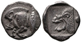 Greek Coins
MYSIA. Kyzikos. (Circa 450-400 BC).
AR Obol (10.2mm 0.86g)
Obv: Forepart of boar left; to right, tunny upward.
Rev: Head of roaring li...