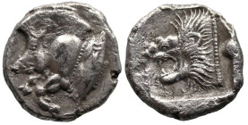 Greek Coins
MYSIA. Kyzikos. (Circa 450-400 BC).
AR Obol (10.2mm 0.88g)
Obv: Forepart of boar left; to right, tunny upward.
Rev: Head of roaring li...