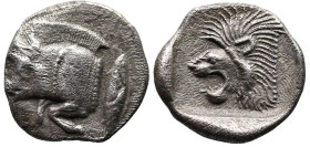Greek Coins
MYSIA. Kyzikos. (Circa 450-400 BC).
AR Obol (10.2mm 0.75g)
Obv: Forepart of boar left; to right, tunny upward.
Rev: Head of roaring li...