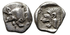 Greek
MYSIA. Kyzikos. (Circa 450-400 BC)
AR Obol (10.9mm 0.79g)
Obv: Forepart of boar left; tunny to right.
Rev: Head of roaring lion left; retrog...