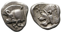 Greek
MYSIA. Kyzikos. (Circa 450-400 BC)
AR Obol (10.2mm 0.78g)
Obv: Forepart of boar left; tunny to right.
Rev: Head of roaring lion left; retrog...