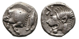 Greek
MYSIA. Kyzikos. (Circa 450-400 BC)
AR Obol (7.5mm 0.81g)
Obv: Forepart of boar left; tunny to right.
Rev: Lion's head left, with open jaws a...