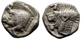 Greek
MYSIA. Kyzikos. (Circa 450-400 BC).
AR Hemiobol (6.5mm 0.38g).
Obv: Forepart of boar left; to right, tunny upward
Rev: Head of roaring lion ...
