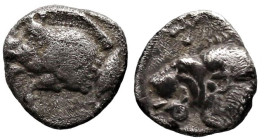 Greek
MYSIA. Kyzikos. (Circa 450-400 BC).
AR Hemiobol (6.3mm 0.32g).
Obv: Forepart of boar left; to right, tunny upward
Rev: Head of roaring lion ...