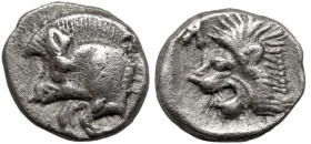 Greek
MYSIA. Kyzikos. (Circa 450-400 BC)
AR Obol (9.6mm 0.84g)
Obv: Forepart of boar left; tunny to right.
Rev: Head of roaring lion left; retrogr...