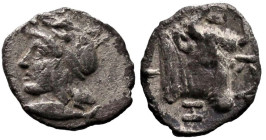 Greek
MYSIA. Kyzikos. ( Circa 450-400 BC).
AR Hemiobol (8.2mm 0.35g)
Obv: Head of Attis to left, wearing Phrygian cap; below, tunny fish to left
R...