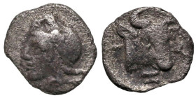 Greek
MYSIA. Kyzikos. ( Circa 450-400 BC).
AR Hemiobol (7.9mm 0.33g)
Obv: Head of Attis to left, wearing Phrygian cap; below, tunny fish to left
R...