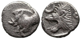 Greek
MYSIA. Kyzikos. (Circa 450-400 BC).
AR Hemiobol (0.72g 0.46mm).
Obv: Forepart of winged boar left; to right, tunny upward
Rev: Head of roari...