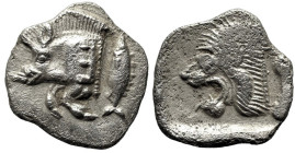 Greek
MYSIA. Kyzikos. (Circa 450-400 BC)
AR Obol (11.1mm 0.78g)
Obv: Forepart of boar left, with E (retrograde) on shoulder; to right, tunny upward...