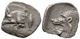 Greek
MYSIA. Kyzikos. (Circa 450-400 BC).
AR Obol (11.2mm 0.65g).
Obv: Forepart of boar left, E (retrograde) on shoulder; tunny to right
Rev: Head...