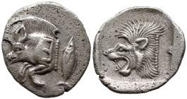 Greek
MYSIA. Kyzikos. (Circa 450-400 BC).
AR Obol (12.2mm 0.85g).
Obv: Forepart of boar left, E (retrograde) on shoulder; tunny to right
Rev: Head...