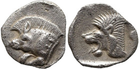 Greek
MYSIA. Kyzikos. (Circa 450-400 BC).
AR Obol (11.3mm 0.73g).
Obv: Forepart of boar left, E (retrograde) on shoulder; tunny to right
Rev: Head...