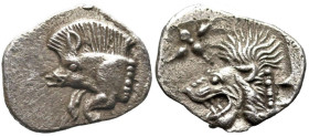 Greek
MYSIA. Kyzikos. (Circa 450-400 BC).
AR Hemiobol (10.1mm 0.39g)
Obv: Forepart of boar left; to right, tunny upward.
Rev: Head of roaring lion...