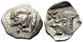 Greek
MYSIA. Kyzikos. (Circa 450-400 BC).
AR Hemiobol (10.2mm 0.38g)
Obv: Forepart of boar left; to right, tunny upward.
Rev: Head of roaring lion...